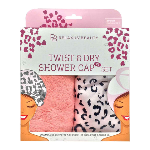 Relaxus Beauty ensemble de serviette à cheveux et bonnet de douche XL rose