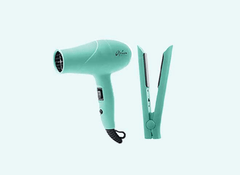 Aria Beauty teal travel dryer and flat iron set